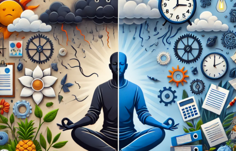 DALLE2024-08-1216.47.18-Apersoninameditativeposesurroundedbysymbolsofnaturecalmandcreativityononesideandontheothersidethesamepersonoverwhelmedwi-ezgif.com-webp-to-png-converter