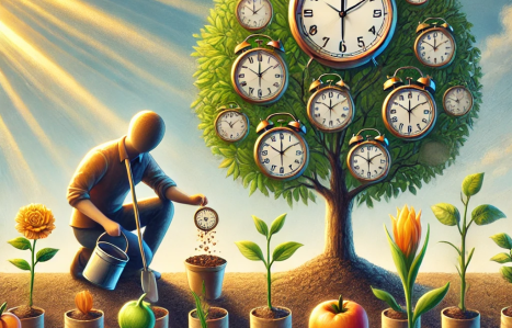 DALL·E 2024-09-02 16.42.13 - A detailed illustration of time management, focusing on time assets. The image should depict a person planting seeds in a garden, where each seed repr